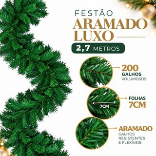 Festão Aramado Natal Grosso Luxo 2,7M C/ 200 Galhos Cheios Flexível Decoração Natalino
