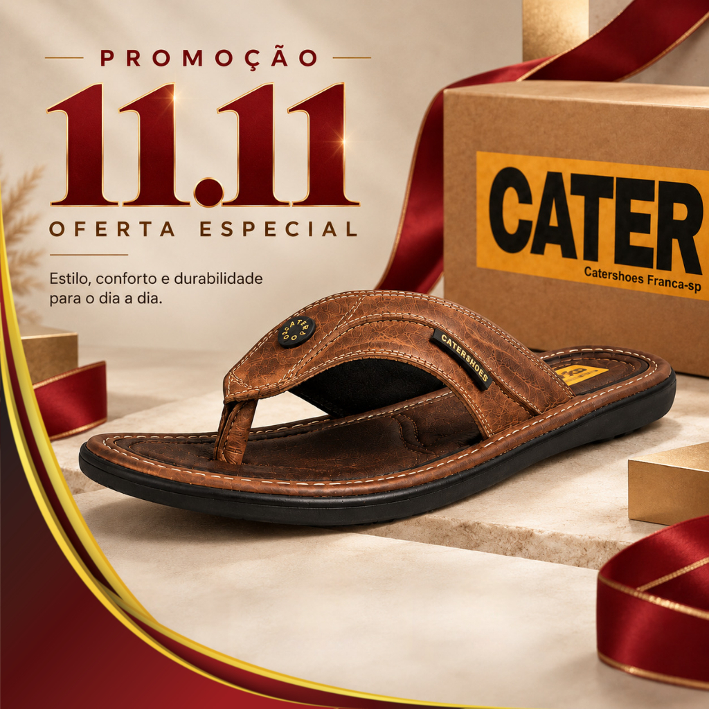 PROMOÇÃO Chinelo Masculino Couro Legítimo Cater Sandália Confortável Sola Borracha Macia Antiderrapante 11.11