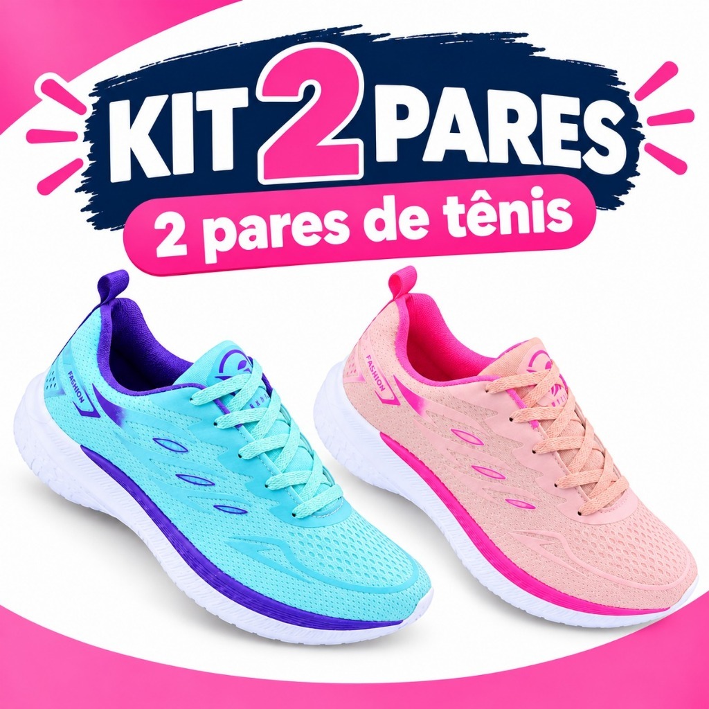 KIT  02 pares Tenis Feminino Escolar Academia Original FREEDOM Corrida Caminhada PROMOCAO ROSA PINK + VERDE AGUA