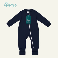 Macacão de Bebê Amore Vira Pé Azul Marinho Com Zíper 100% Algodão