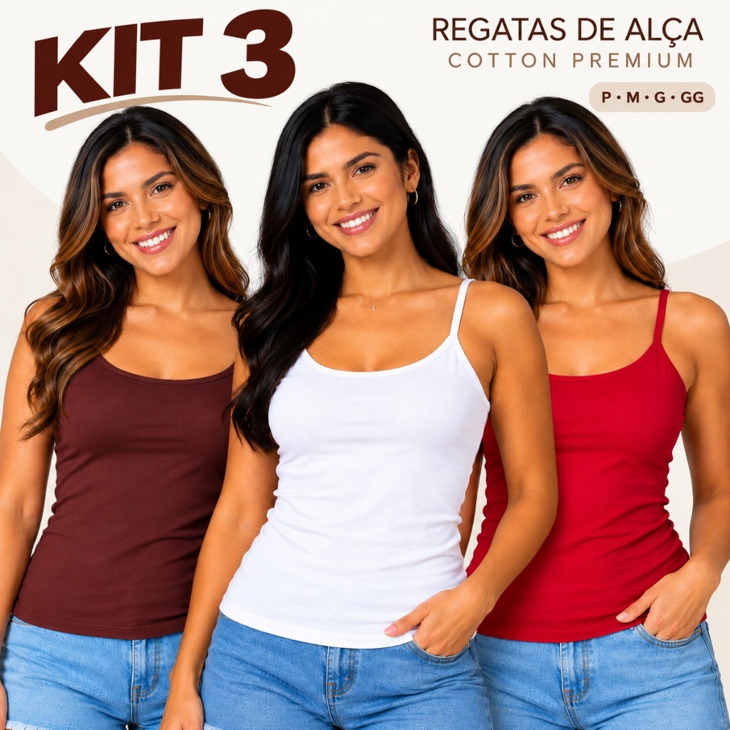 Kit 3 Regata Feminina Alça Cotton Algodão Elastano Básica Confortável Versátil Moda Verão 25619-K3C1