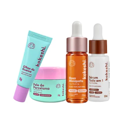 Kit Essencial Kokeshi Sérum Tudo em 1 Creme Pele de Porcelana Olhos de Gueixa Óleo de Rosa Mosqueta