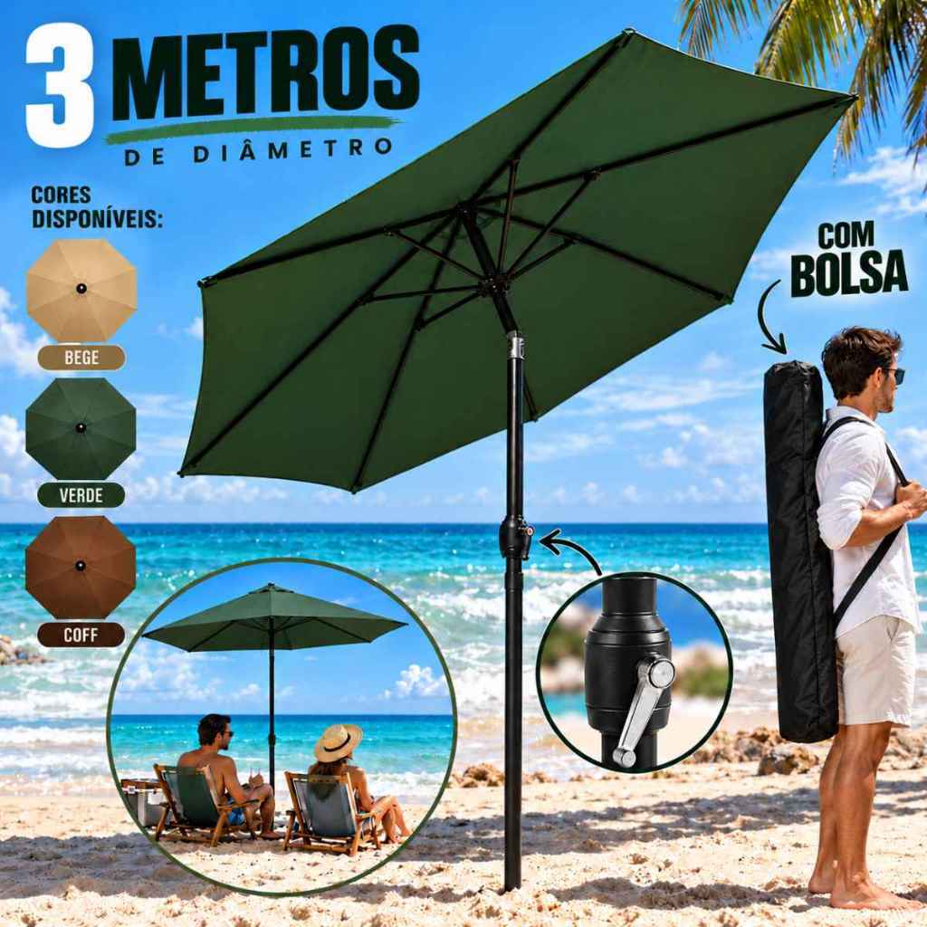Guarda Sol Ombrelone 3 Metros Gigante Ajuste de Inclinação Bolsa para Transporte Praia Piscina Jardim Bege Verde Coffe
