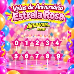 Vela de Aniversário Estrela Rosa Artimagem – Números de 0 a 9