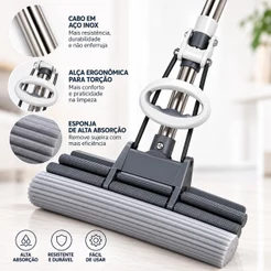Rodo Mágico Mop Esponja Super Absorvente Limpa e Seca Piso Cozinha Banheiro Esfregão com Espremedor