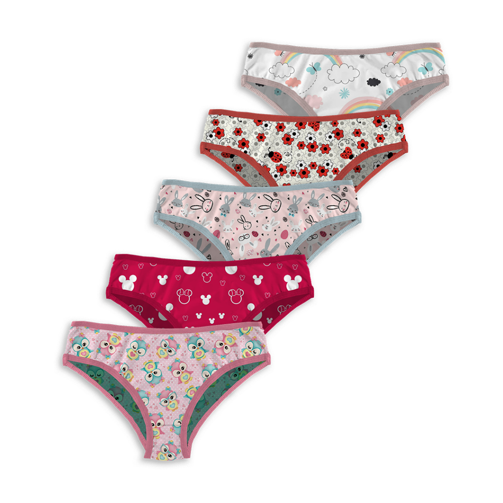 Kit 5 Calcinha Infantil Feminina Juvenil Forro em Algodão Macio Cores Estampas Sortidas
