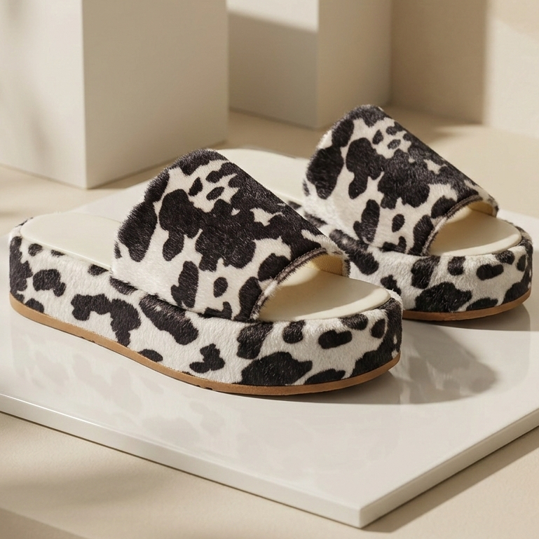 Tamanco Feminino Cow Print Vaquinha Tamanco Flat Plataforma Flatform Confortável Vaca Animal Preto