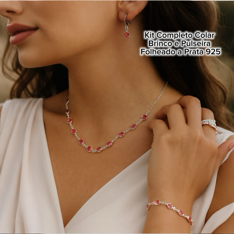 Kit Colar Brinco e Pulseira Cristal Rosa Folheado a Prata 925 com 30 Milésimos em Oferta na Shopee