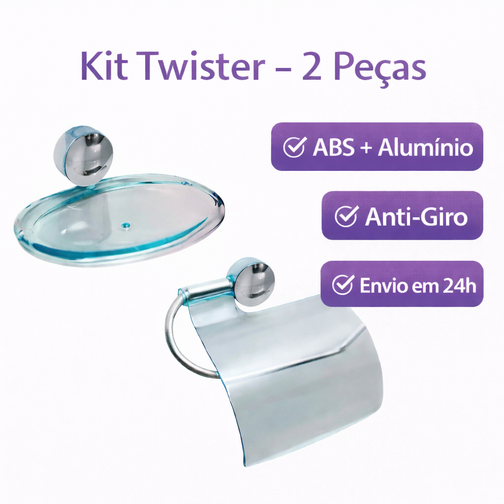 Kit Twister – Saboneteira + Papeleira – ABS + Alumínio  – Anti-Giro – Banheiro Completo