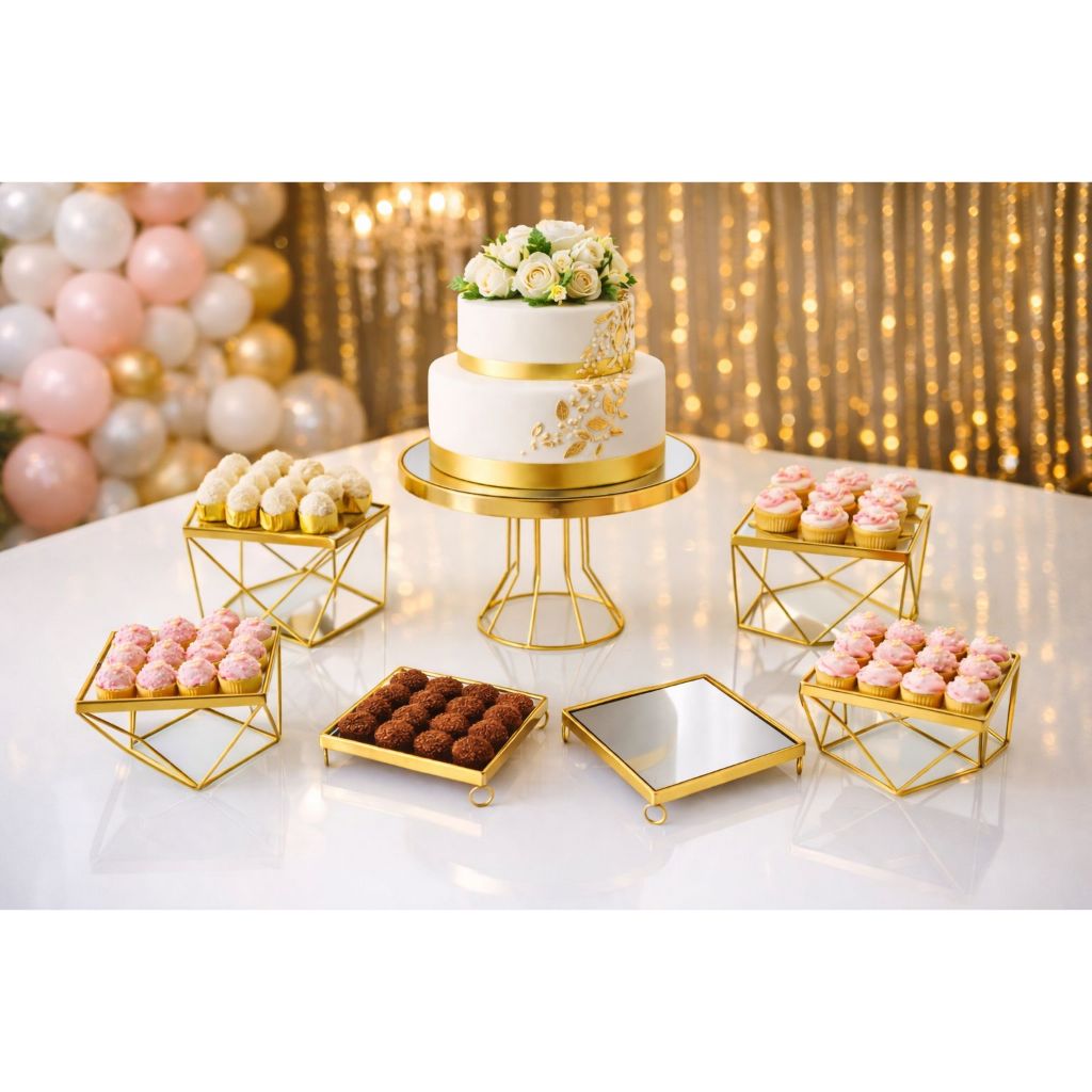 Kit 7 Peças Boleira e Doceiras Espelhadas Suporte Completo para Festas
