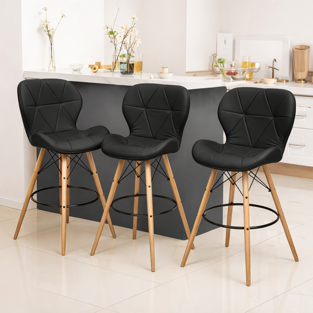 Kit 3 Banquetas Slim Pé Palito Eiffel Wood Estofada Casa Sala Apartamento Escritório Pé Madeira