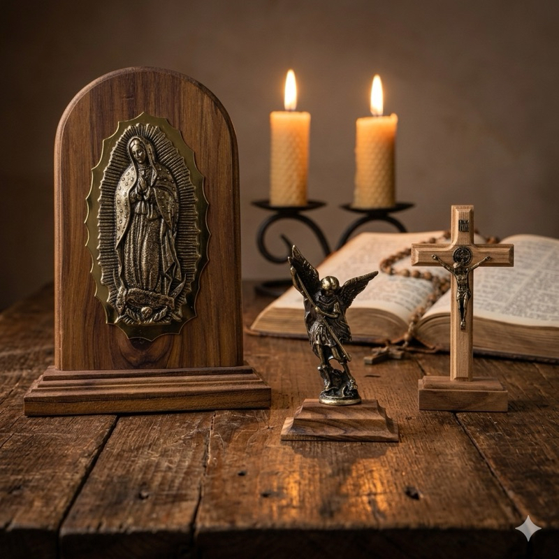 Kit Quaresma Oratório Crucifixo São Miguel Arcanjo Nossa Senhora de Guadalupe Madeira Bronze Canto Oração