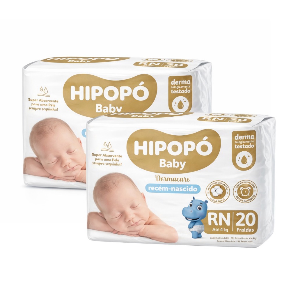 Kit 2 Fraldas Hipopó Baby Prática | Tamanho RN | 40 Unidades | Toque de Algodão