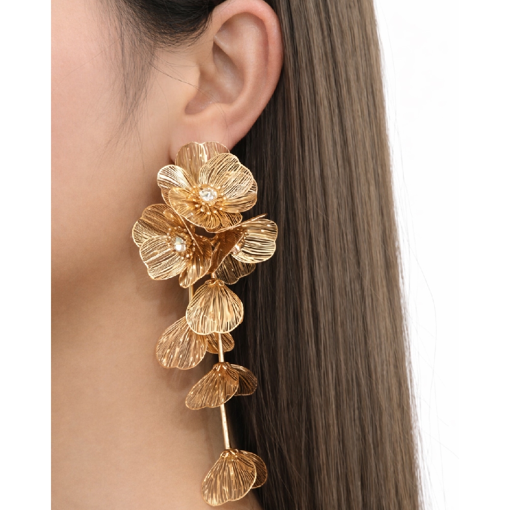 brinco Feminino festa maxi tamanho grande dourado com flores strass brilho casamento luxo hortensia