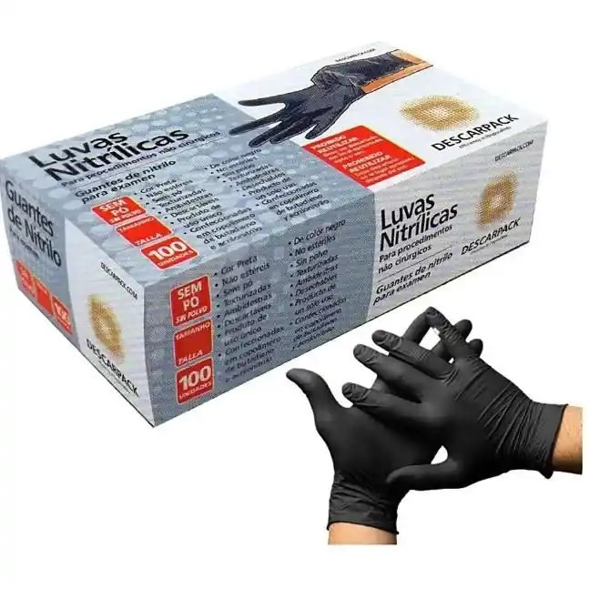 Luva Nitrílica Preta Descartável Sem Pó Resistente 100 Unidades