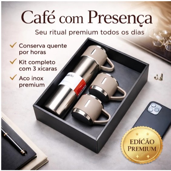 Kit Com 3 Xícaras Garrafa 500ML Térmica Aço Inox Fosca Copo Térmico