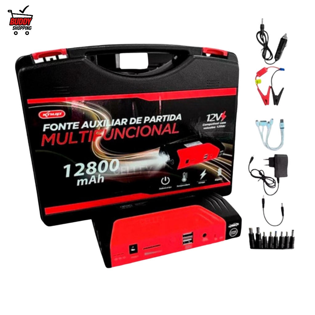 Auxiliar De Partida Multifuncional Knup 12V Com Compressor Ar Powerbank Maleta KP-TC07A+ em Oferta na Shopee