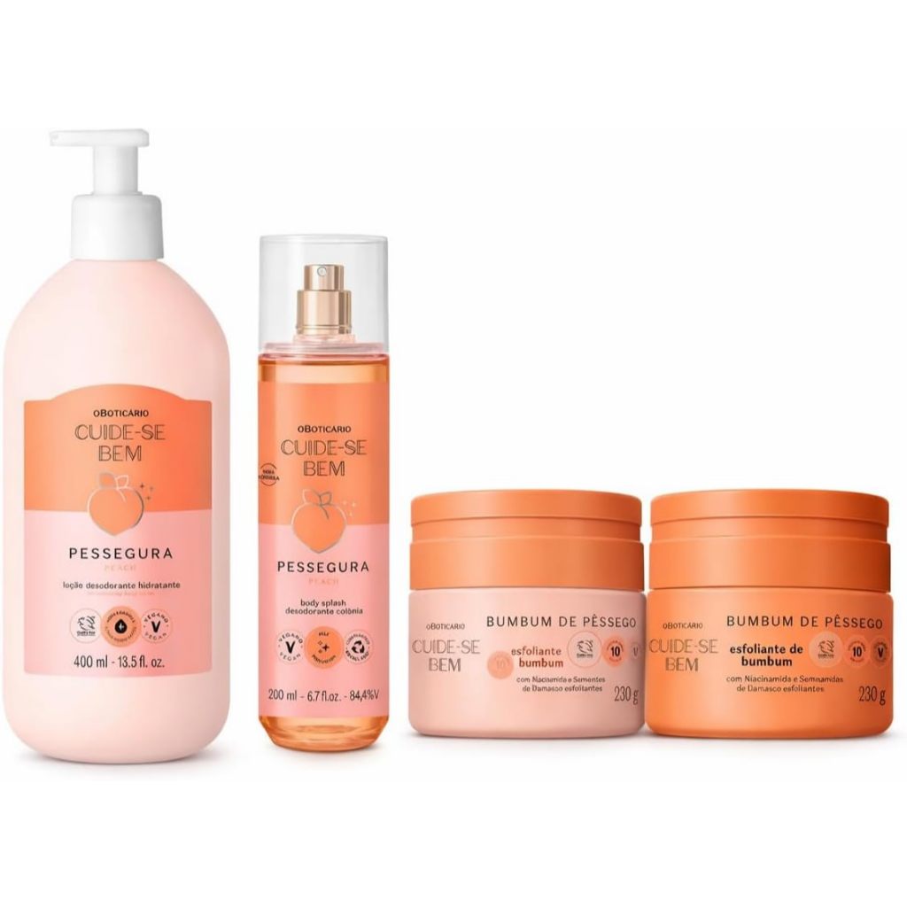 Kit Cuide-se Bem Pessegura: Body Splash + Loção Hidratante + Máscara e Esfoliante Bumbum