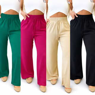 Calça Pantalona Feminina Com Elástico Na Cintura Tecido Duna - Alfaiataria em Oferta na Shopee
