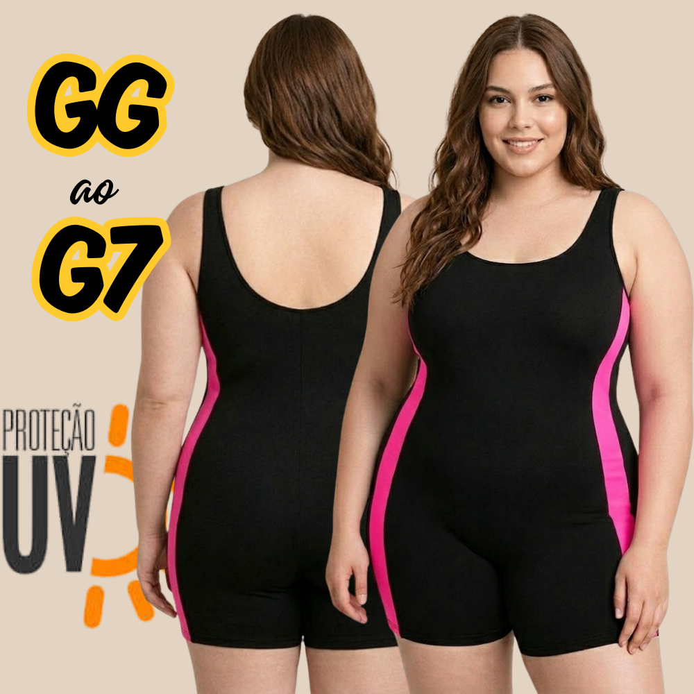 Maiô Macaquinho Plus Size Feminino Para Natação e Hidroginástica Moda Praia Curto em Suplex