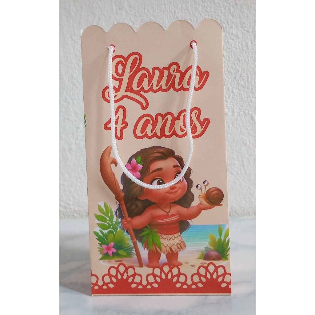 Sacolinha(P) Lembrancinha Festa de Aniversário Personalizada com Nome, Idade Pré-Montadas, Moana Baby