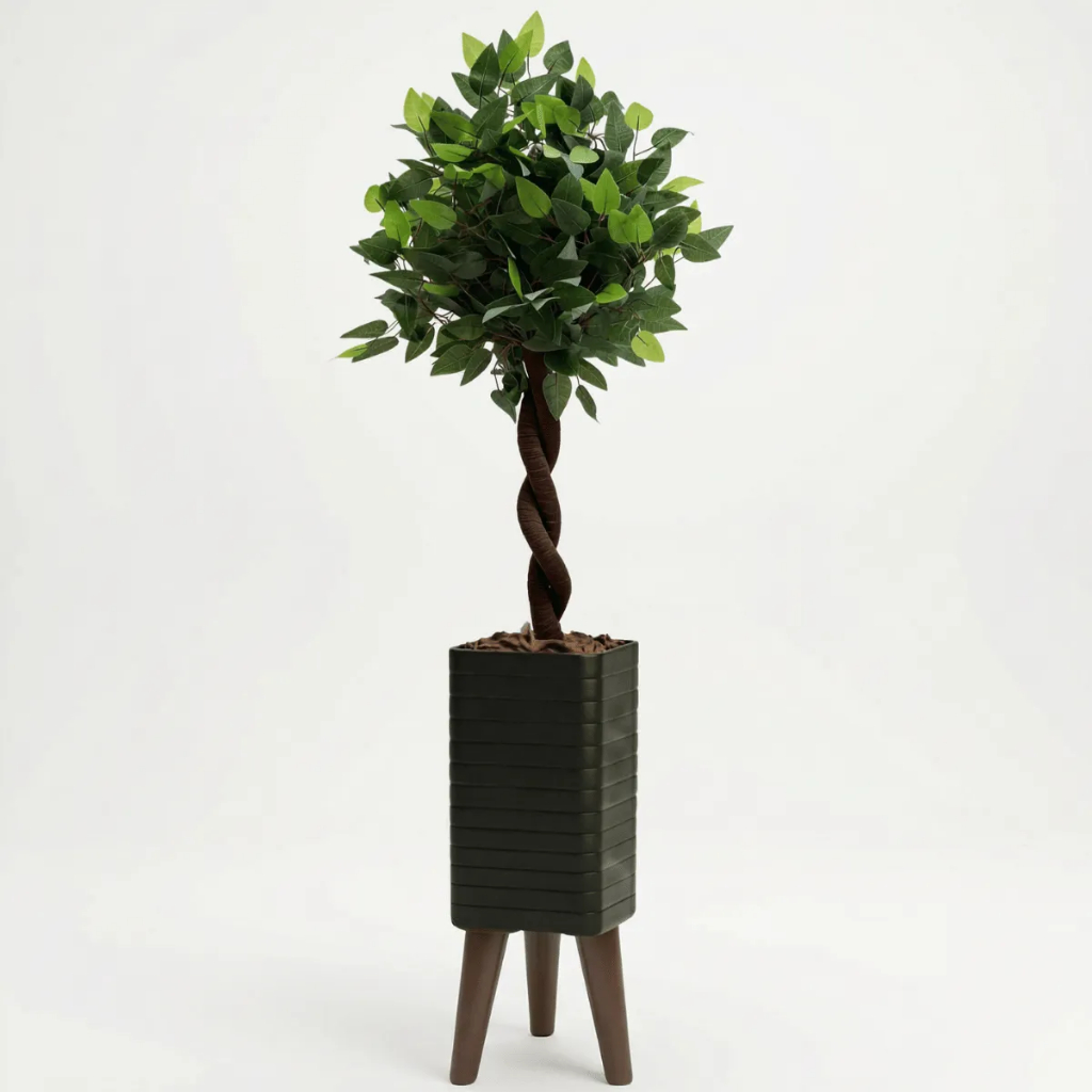 Kit Decoração Sala Planta Artificial + Vaso Com Pés Tripé Preto Decorativo Quarto Escritório