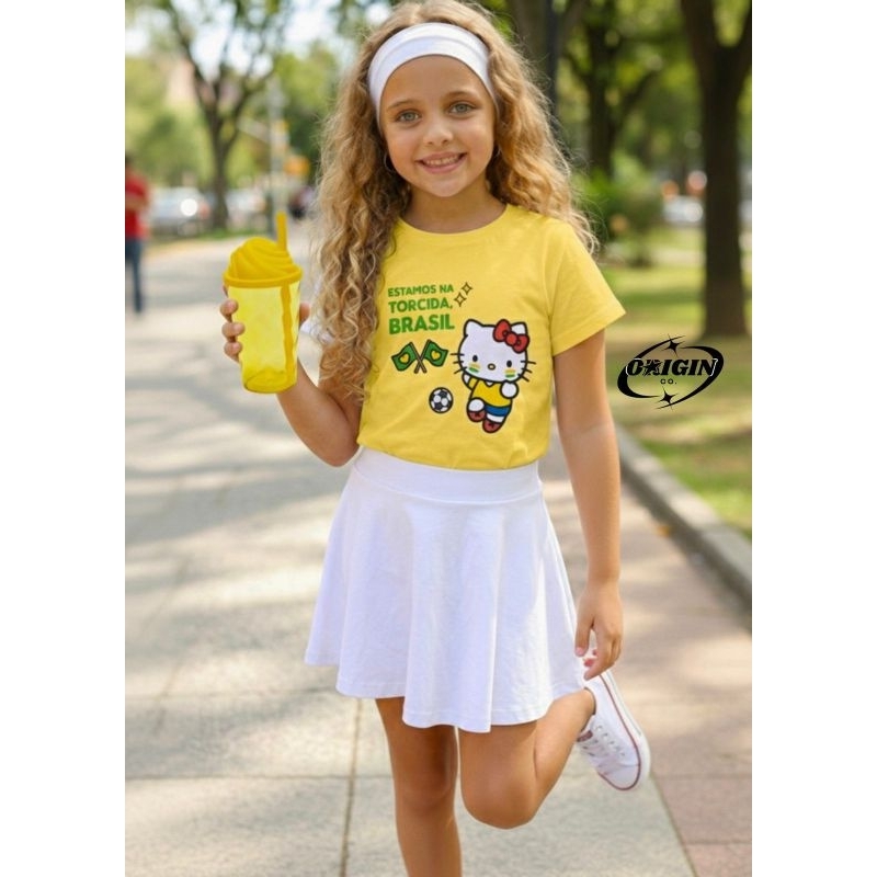 Kit Copa Infantil Feminino Brasil  Camiseta + Copo com Canudo Look Torcida Menina Edição Especial