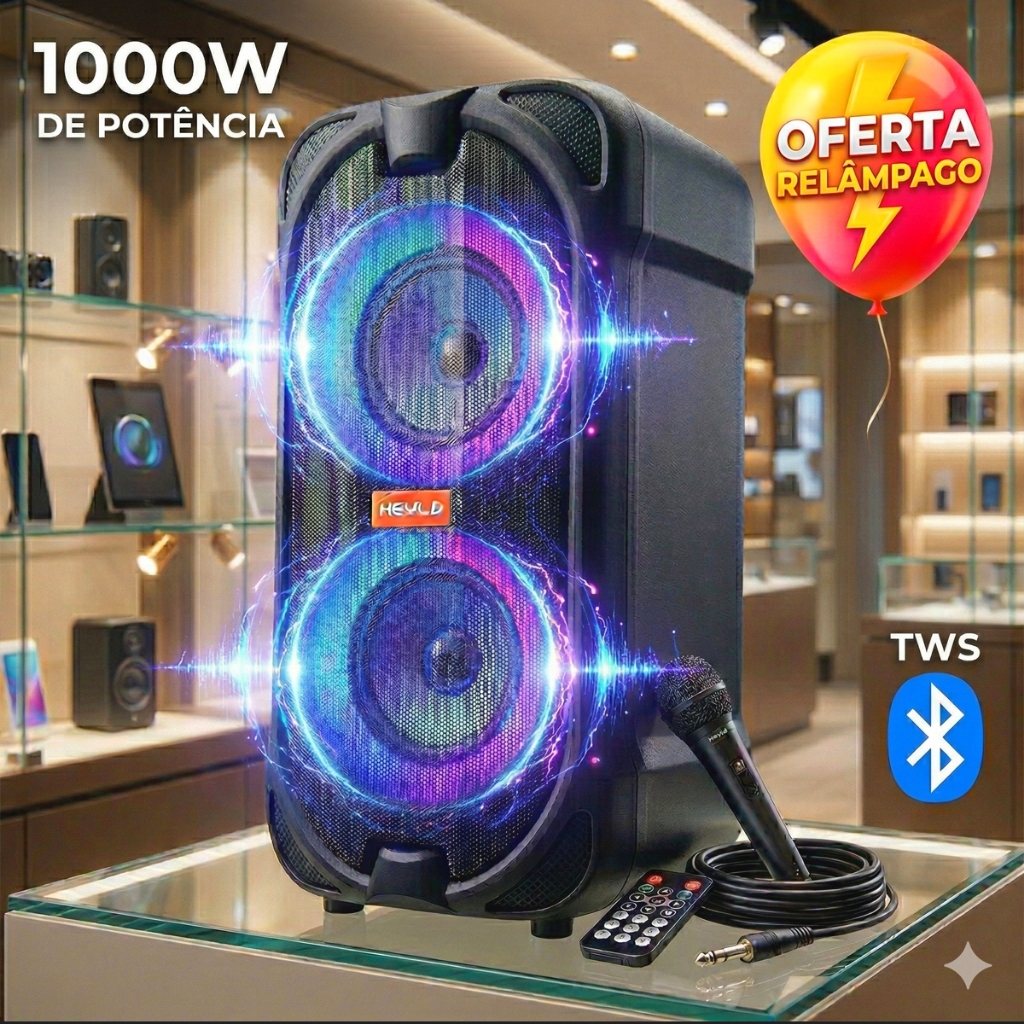Caixa de Som Bluetooth 1000W PMPO + Microfone LED RGB