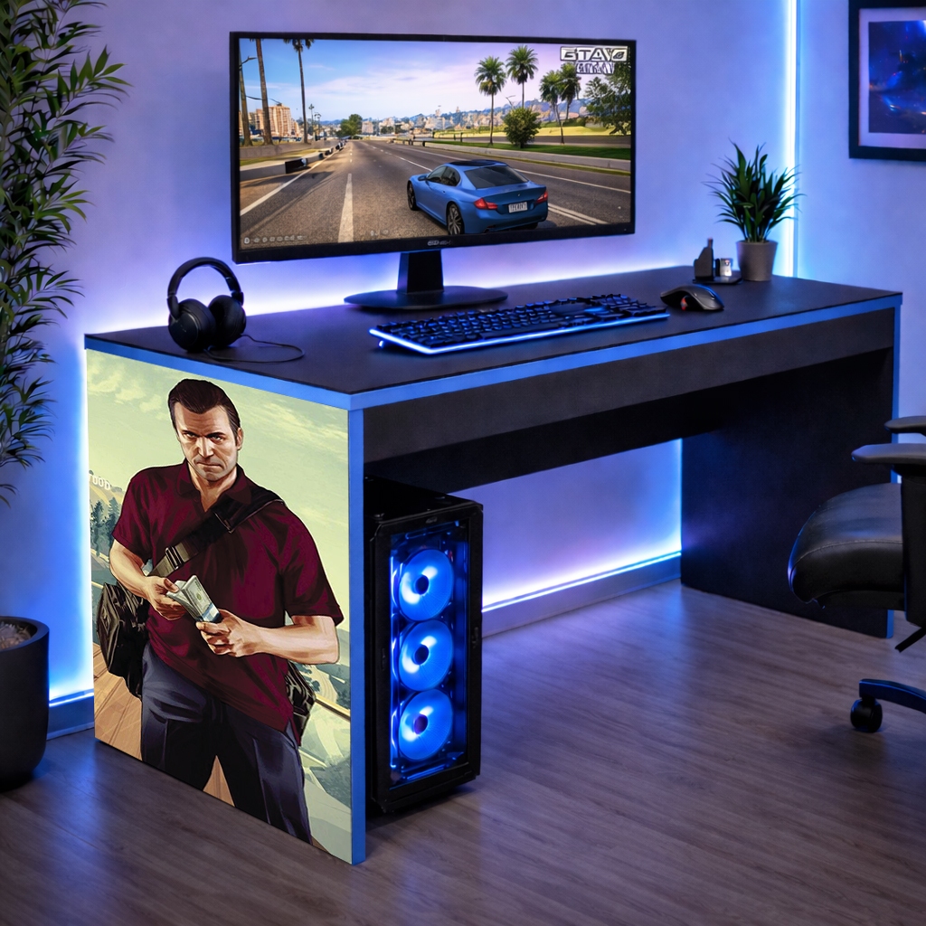 Mesinha Infantil Jogos Mesa Gamer Escrivainha para Estudo Borda Azul GTA 5 Online