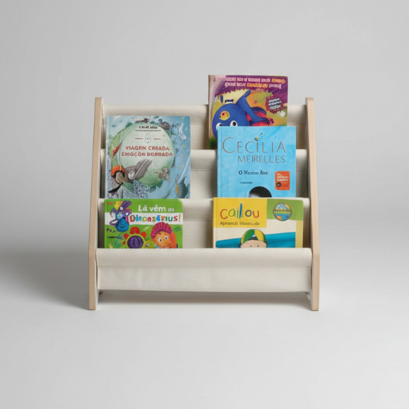 Porta Livro Infantil Montessori MDF com Bolsos em Tecido Organizador de Livros para Quarto Bebê