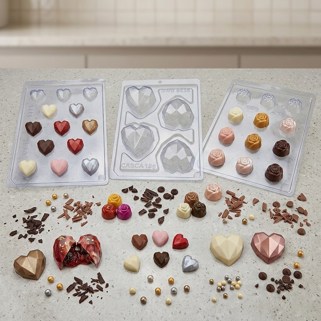 Kit 3 Formas para Chocolate BWB Bombons Rosa + Coração Lapidado Simples + Coração Lapidado Especial