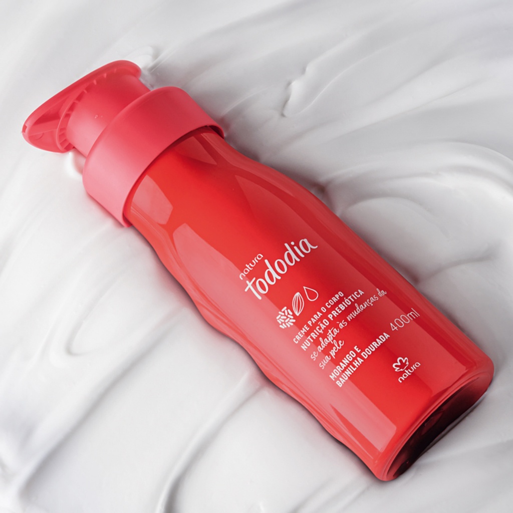 Detalhes do Creme Hidratante Corporal Morango e Baunilha Dourada com Nutrição Prebiótica Natura Tododia 400 ml