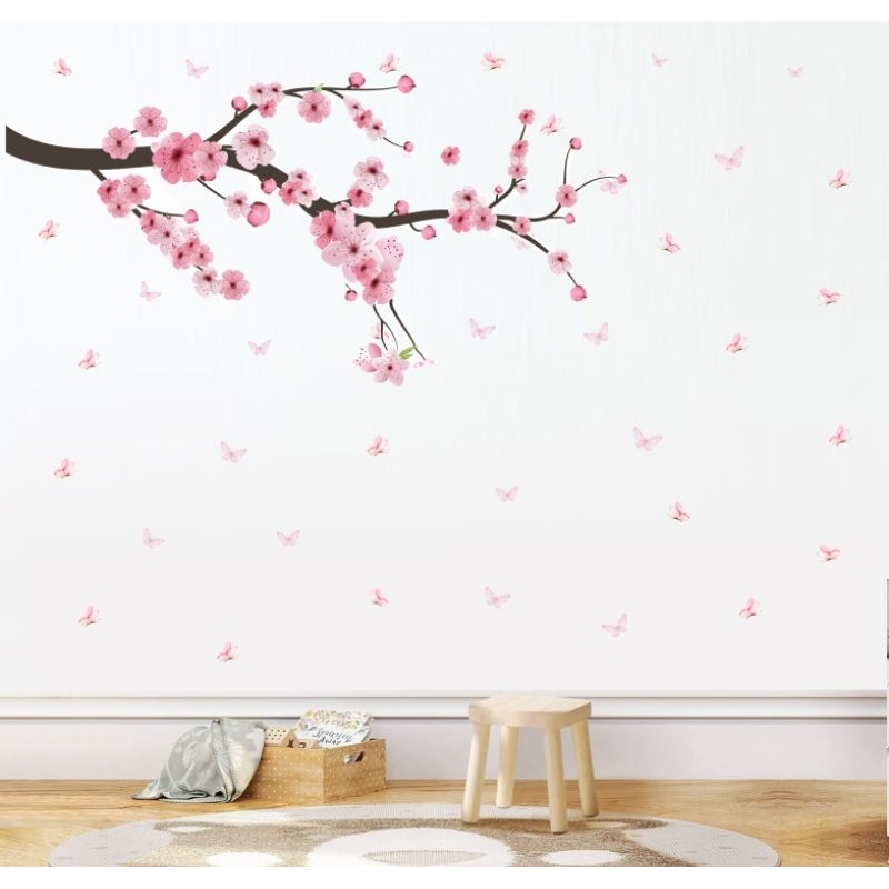 Adesivo decorativo infantil parede quarto árvore flor de cerejeira com borboleta