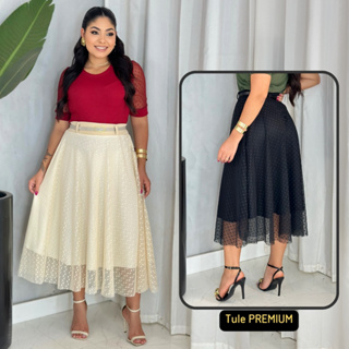 Saia Tule Lisa Longa Elegante Moda Evangélica Com Forro Acompanha o Cinto em Oferta na Shopee
