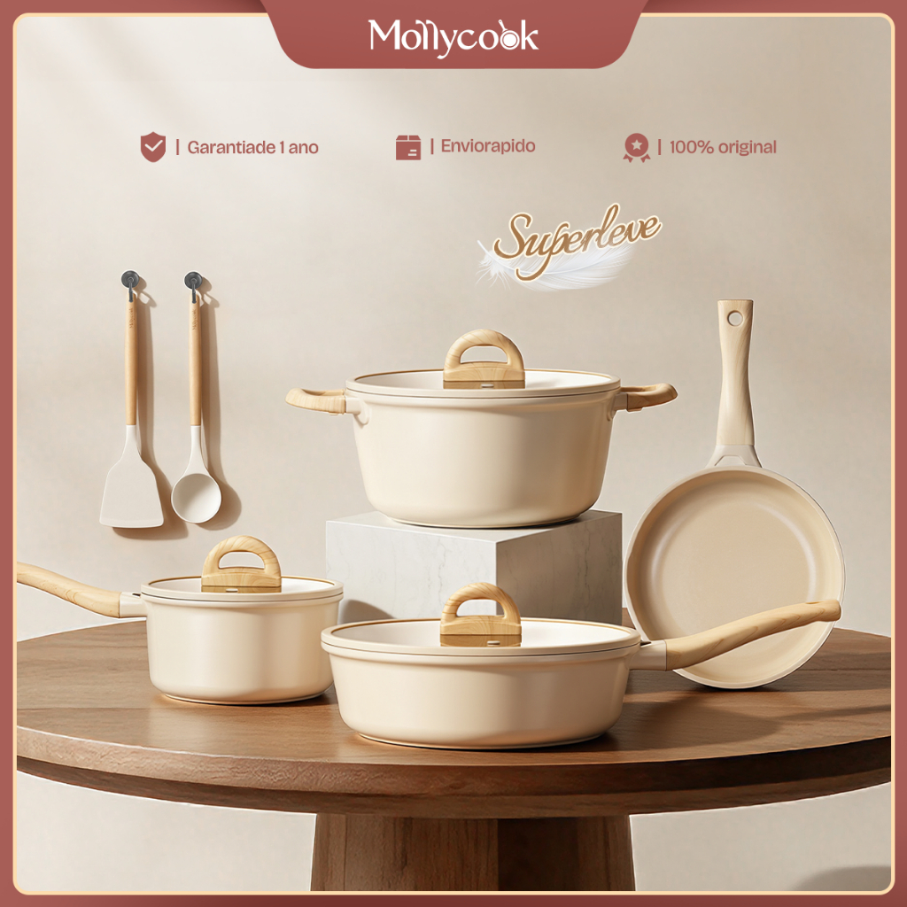 Mollycook Jogo De Panelas 6 Peças Antiaderente Cerâmica Com Colher/Espátula Indução Gás Frigideira Caçarola Linha Molly