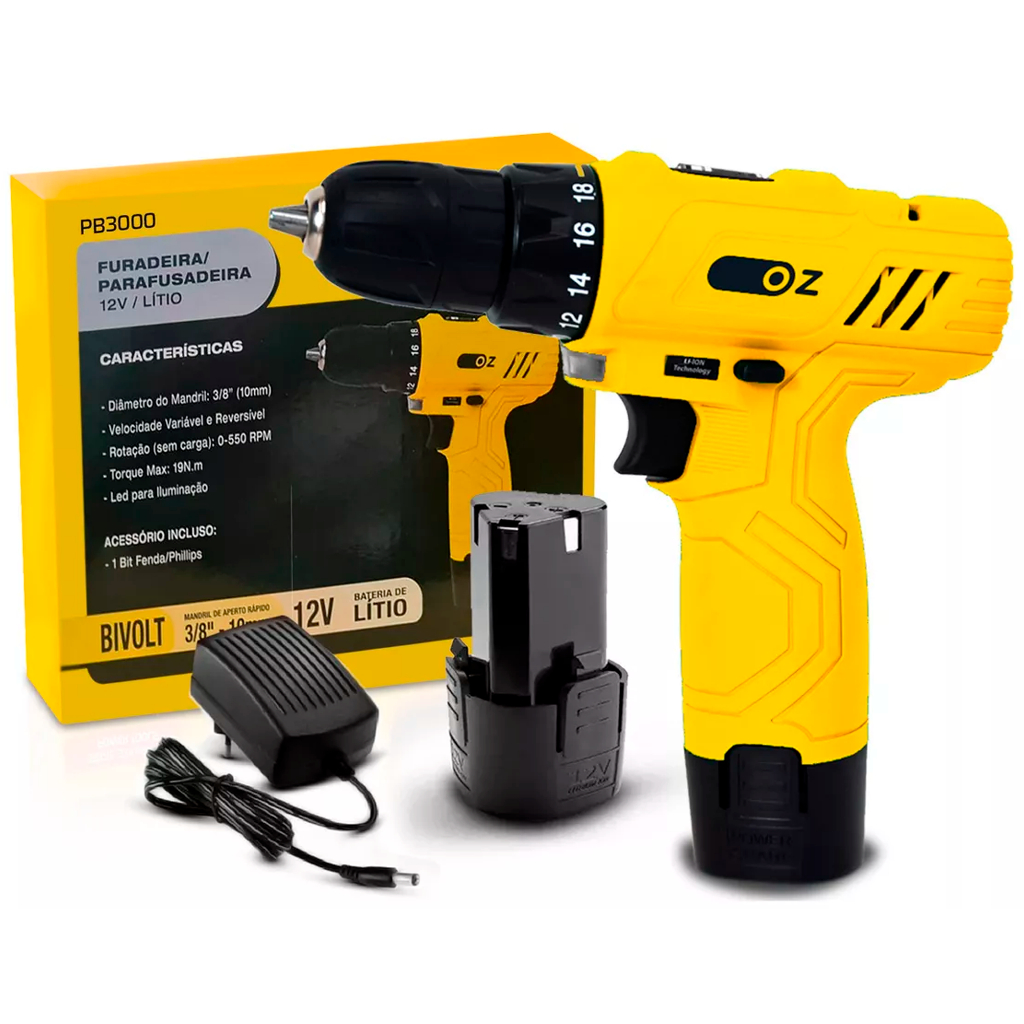 Furadeira Parafusadeira 3/8 a Bateria 12v Lítio Oz Kit Brocas Concreto e Alvenaria Oz — R$ 119,90 em Shopee, 40% OFF
