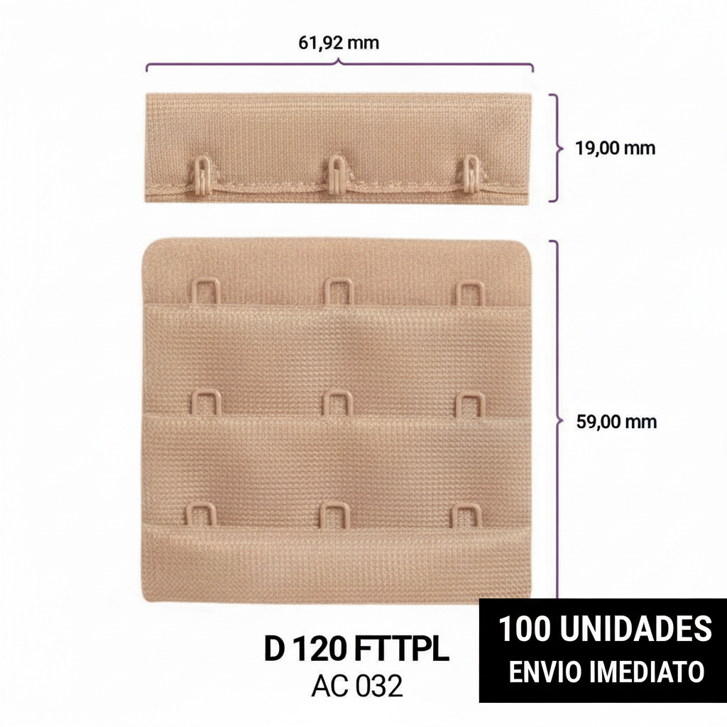 Kit 100 unidades de Colchete Largo Triplo Fecho 3x3 Ganchos Para Sutiã 6cm x 6cm