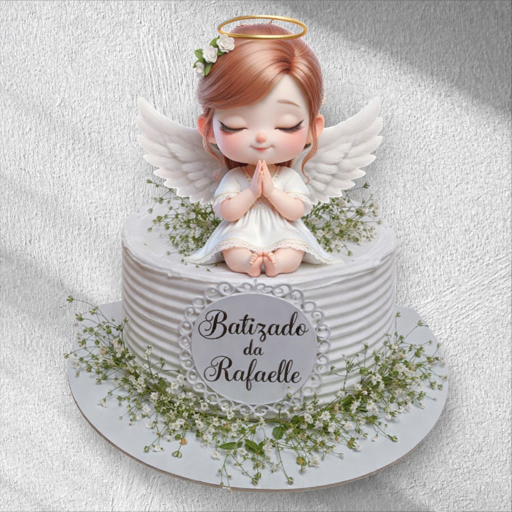 Topo de Bolo Batizado Anjinha Menina Cabelo Ruivo Personalizado Topper Batizado