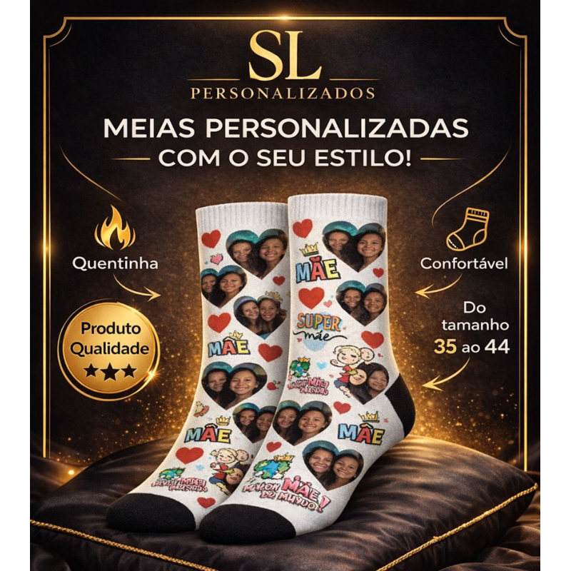 Meia Personalizada Dia das Mães | Com Foto ou Frase | Kit Mãe e Filha / Filho | Presente Criativo para Mamãe