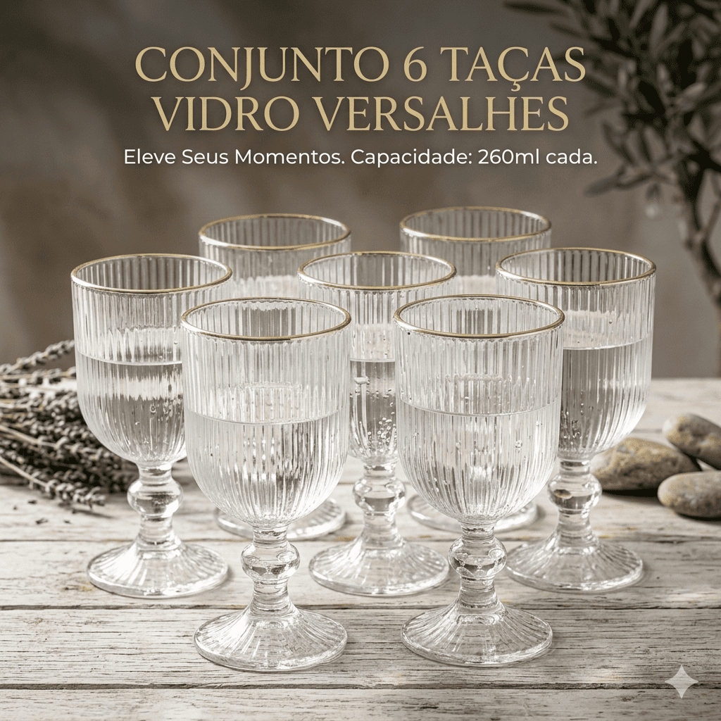 Jogo 6 Taças Versalhes 260ml Vidro Canelado com Fio de Ouro Luxo para Água Vinho Coquetel