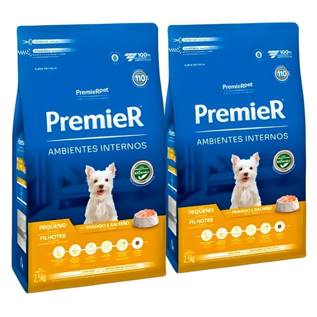 2 Ração Premier Ambientes Internos Cães Filhotes Pequeno Porte Frango e Salmão -