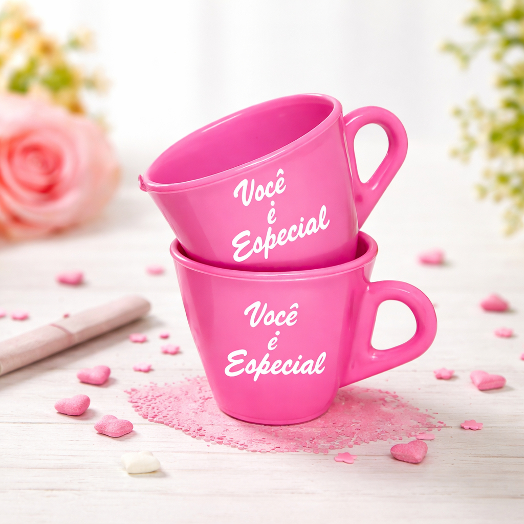 Kit 15 Xícara Você é Especial 70 ml Rosa Bebê Acrílico - café, chá, comemoração, lembrancinha