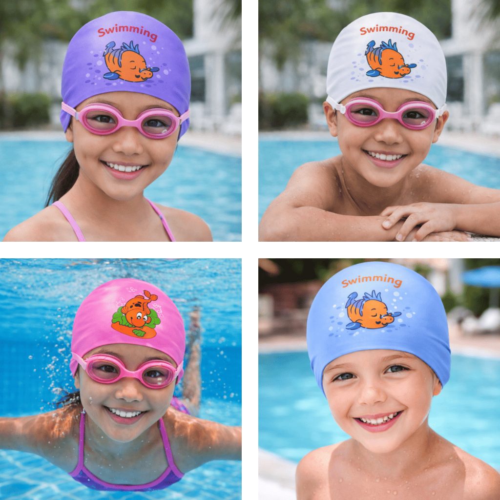 Touca Natação Infantil Silicone Criança Bebê Piscina Água Estampas Divertida Golfinho Hidroginástica Swimmer Elástica