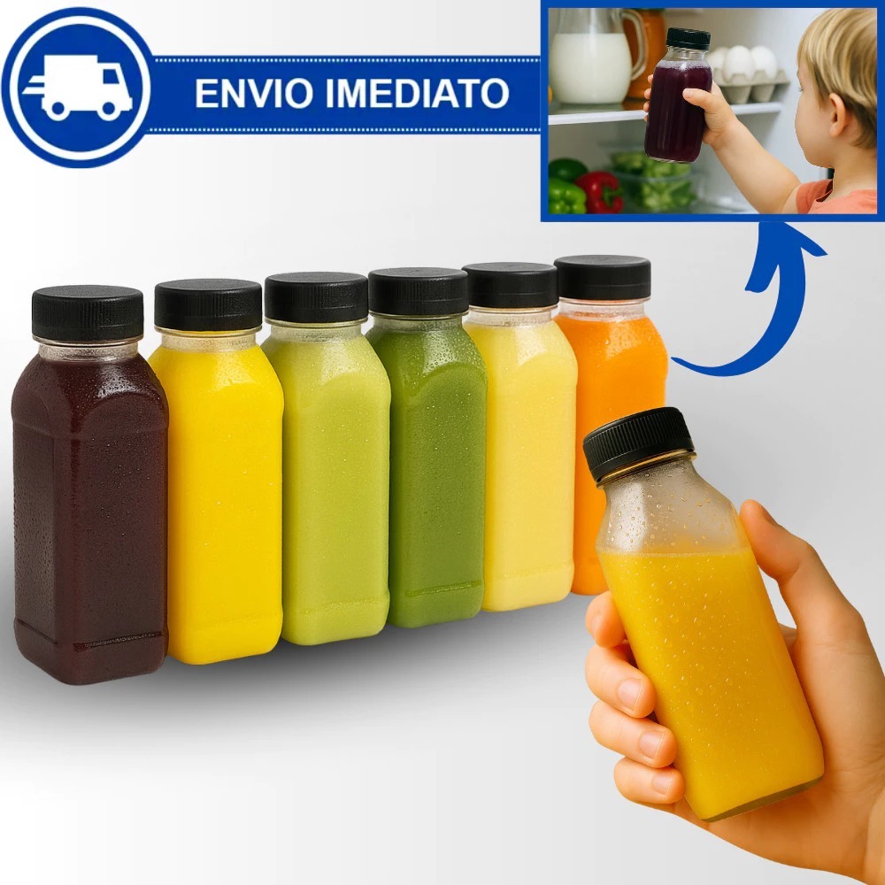 Kit Garrafas PET 200ml e 300ml com Tampa Lacre – Quadrada Lisa para Sucos, Detox e Delivery .