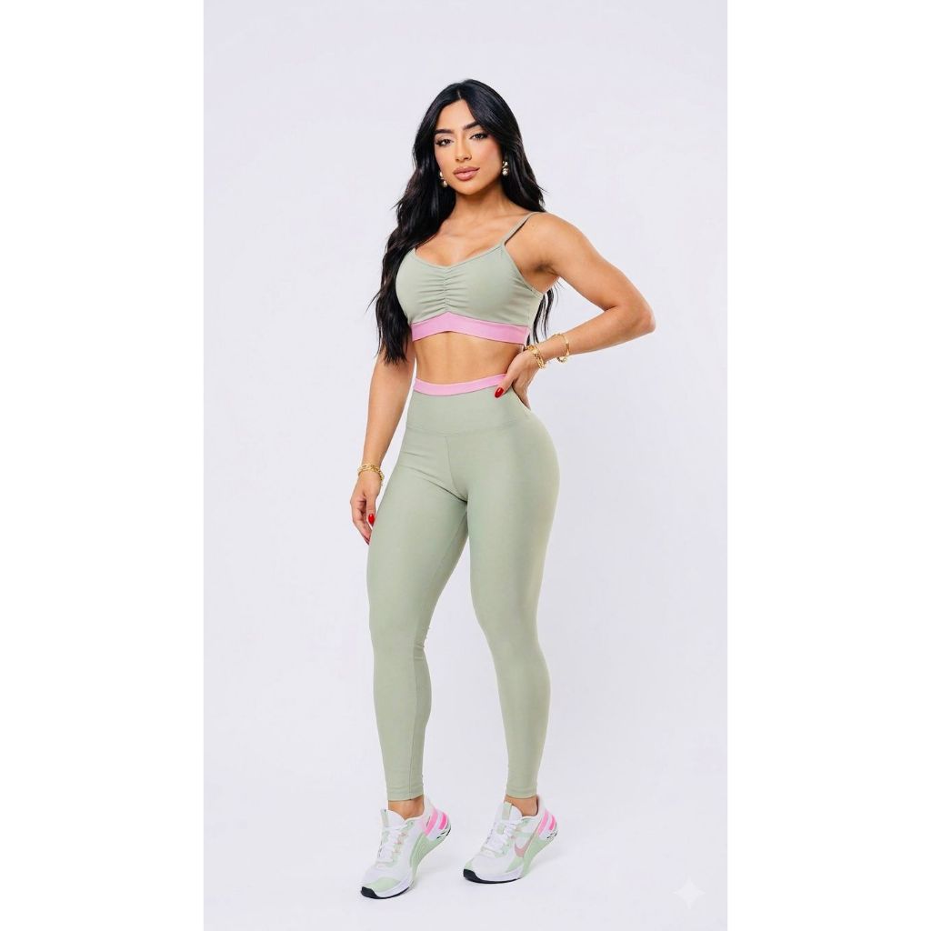 Conjunto Fitness Feminino Academia Top com Bojo + Legging Cintura Alta Suplex Compressão Treino