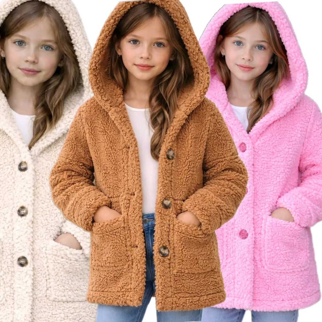 Casaco Infantil Teddy Com Capuz Inverno 2026 | Blusa Peluciada Quentinha Com Bolso e Botões 4 ao 16 Juvenil Feminino Casaco Infantil Teddy Com Capuz Inverno 2026 | Blusa Peluciada Quentinha Com Bolso e Botões 4 ao 16 Juvenil Feminino