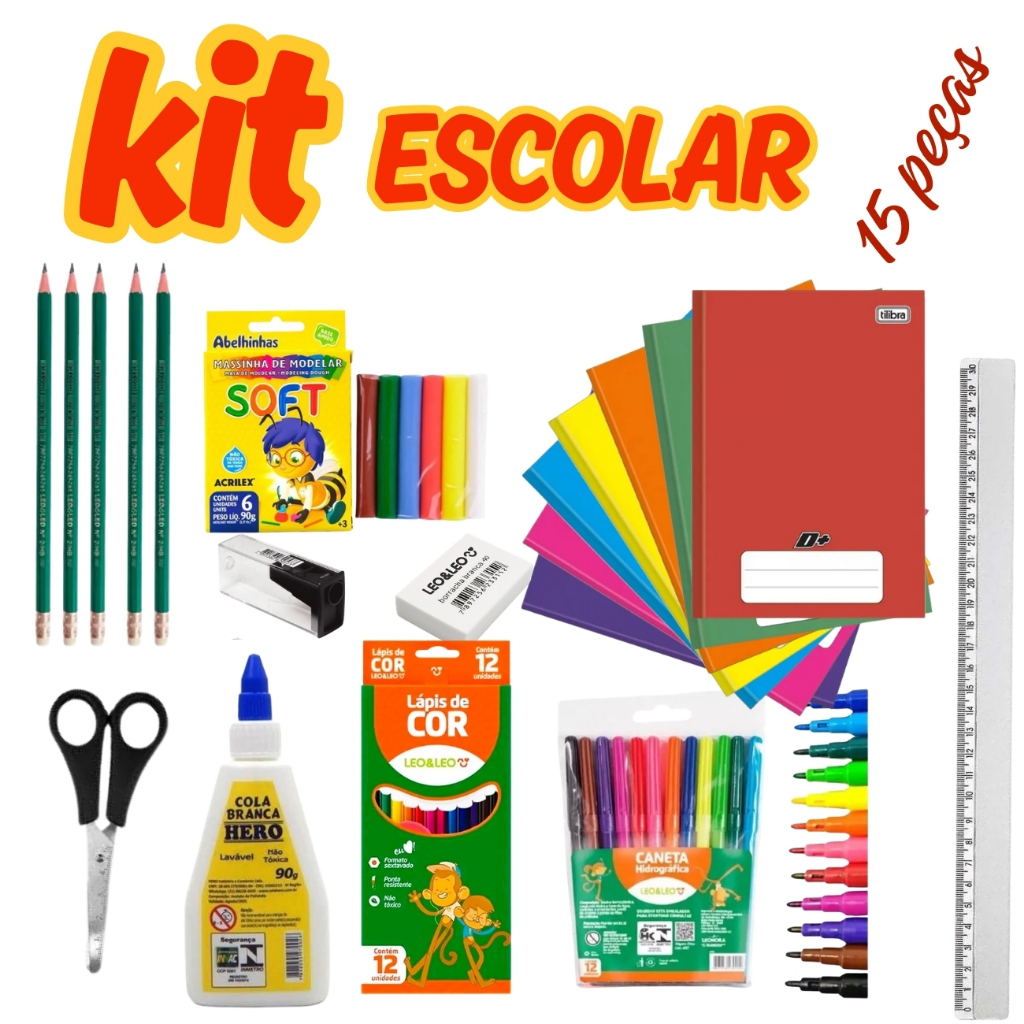 Kit Material Escolar Material Escolar Com 15 Peças em Oferta na Shopee