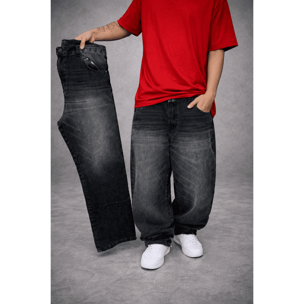 Calça balão dazzling original boca larga baggy premium grafite estonada com listras streetwear plus size do 38 ao 56
