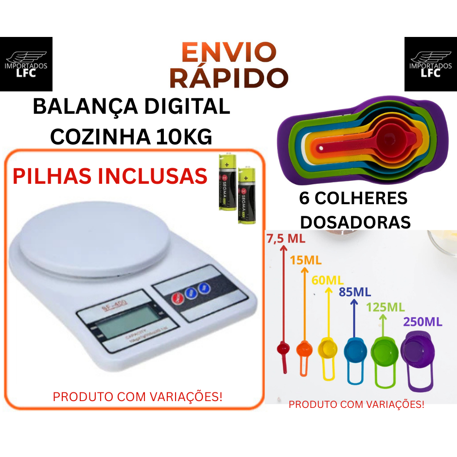 Balança Digital 10kg Alta Precisão 1g + Colheres Dosadoras (Unidade ou Kit) Receita Nutrição + Pilhas Já inclusas