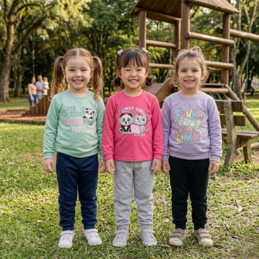 Kit 6 peças 3 Conjuntos Moletom Quentinho Infantil Inverno Menina Feminino Roupa Bebê Casaco Calça